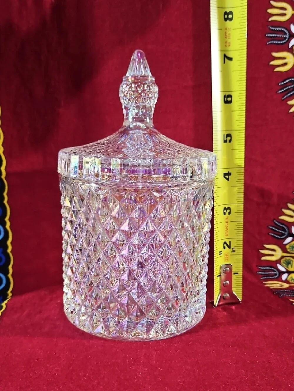 Irridescant Crystal Cut Glass Lidded Candy Dish Jar Diamond Point